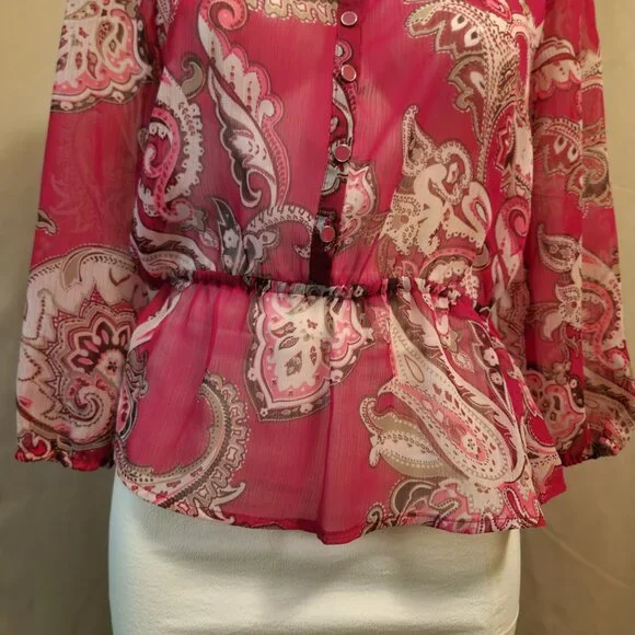 ❤️ 4/$20 New York & Co top Women's XS Sheer chiffon paisley buttons 3/4 sleeve - Picture 4 of 14